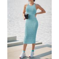 Vestido Bodycon Midi De Verano Para Mujer Cuello Halter Sólido Alta Cintura Slim Elegante Vestido De Oficina Sin Mangas Polyester - details 1