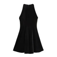 TRAFZA-Vestidos de fiesta lisos de cintura alta para mujer, Vestido corto plisado sin mangas con cuello redondo, minifalda de terciopelo a la moda, verano - details 3