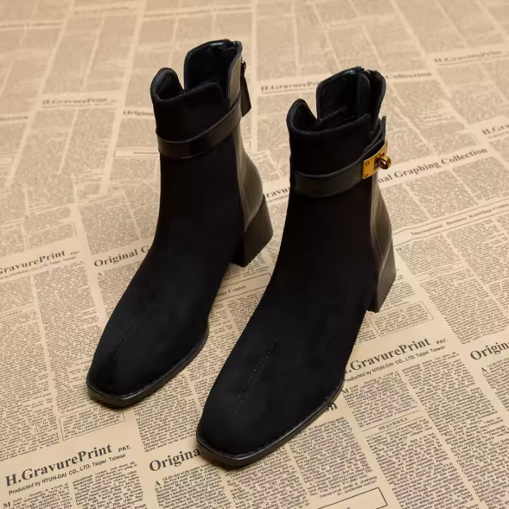 Nuevas botas delgadas populares, botines cortos de tacón alto grueso y cálido de terciopelo - 1