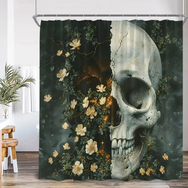 Cortina de ducha divertido esqueleto calavera Halloween flor hoja verde decoración del baño calaveras Vintage poliéster baño Cutaim con ganchos - 1