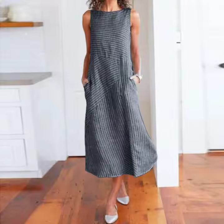 Vestido MIDI de verano a rayas con estilo casual y cómodo Sin mangas, suelto, con bolsillos, Moda para mujeres - 1