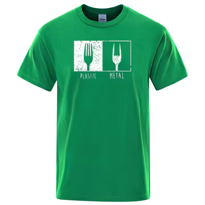 Camiseta de Manga Corta con Diseño de Tenedor para Hombre, Camisa de Algodón, Estampado de Objetos Cotidianos, Plástico, Metal, Punk, Hiphop, Vintage, Ropa de Calle - 1