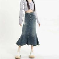 Nuevo diseño de nicho retro de cintura alta para mujer, falda de cola de pez, falda vaquera de corte acampanado de longitud media - details 4