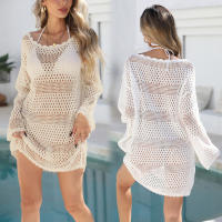 Vestido de punto para mujer, vestido playero con recorte de encaje, manga larga, envoltura de bikini, ropa de verano de ganchillo, túnica corta para nadar - details 0