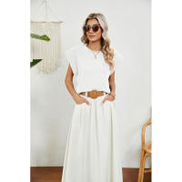 BUNO-2025 Tops para mujer, pantalón corto informal de moda de verano, camisetas básicas con textura a rayas de Color sólido y cuello redondo - details 50