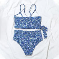Bikini azul de lunares para mujer, traje de baño Sexy de cintura alta, bañador brasileño de realce con cordones, conjunto de Bikini 2021 - details 5
