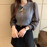 2025 otoño mujer gasa Patchwork suéter manga linterna cuello vuelto jersey con botones mujer Oficina señora suéter invierno - details 2