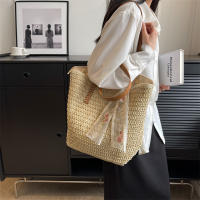 Bolso de mano Vintage para mujer, tejido de hombro, Color sólido, cinta de encaje, mimbre, paja Bohemia, Asa de playa, Beige - details 3