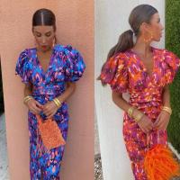 Vestido de Verano 2025 para Mujer Estampado Azul, Cuello en V, Ajuste Delgado, Envoltura de Cadera, Manga Corta - details 1