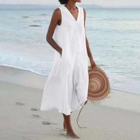 Verano suelto Casual Patchwork algodón en Pocktes cuello en V estilo de playa sin mangas Vintage Club Midi vestido de mujer sólido - details 2