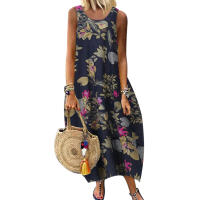 Vestido de Verano Floral Vestido Lanterna de Cuello Redondo de Lino y Algodón para Mujeres - details 1
