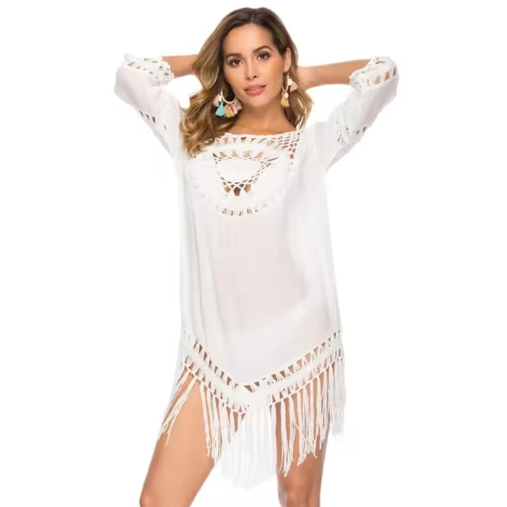 Vestido de playa de talla grande, traje de baño, Bikini de playa, recorte de flecos ahuecado - 1