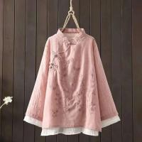 Algodón en mujer blusa estilo bordado wer patrón nudo botón cuello alto A e camisa china - details 7