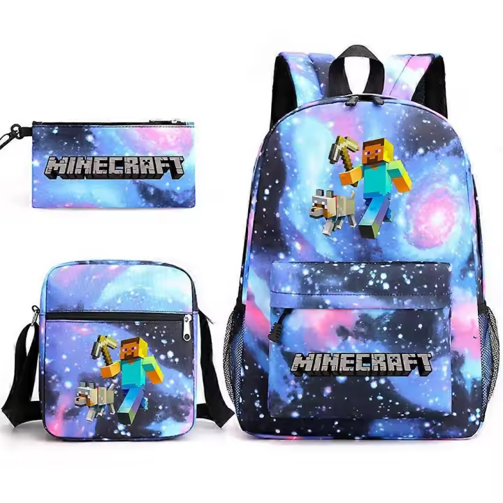 Minecraft My World Schoolbag Juego Periférico Estudiante Gran Capacidad Impreso Mochila Escolar De Tres Piezas Para Hombres Y Mujeres Azul Estrellado ~4 - 1