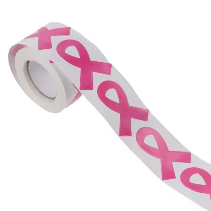 Rollo de pegatinas de cinta, etiqueta de concienciación sobre el cáncer de mama, rosa, 300 piezas, 5x4 cm - 1