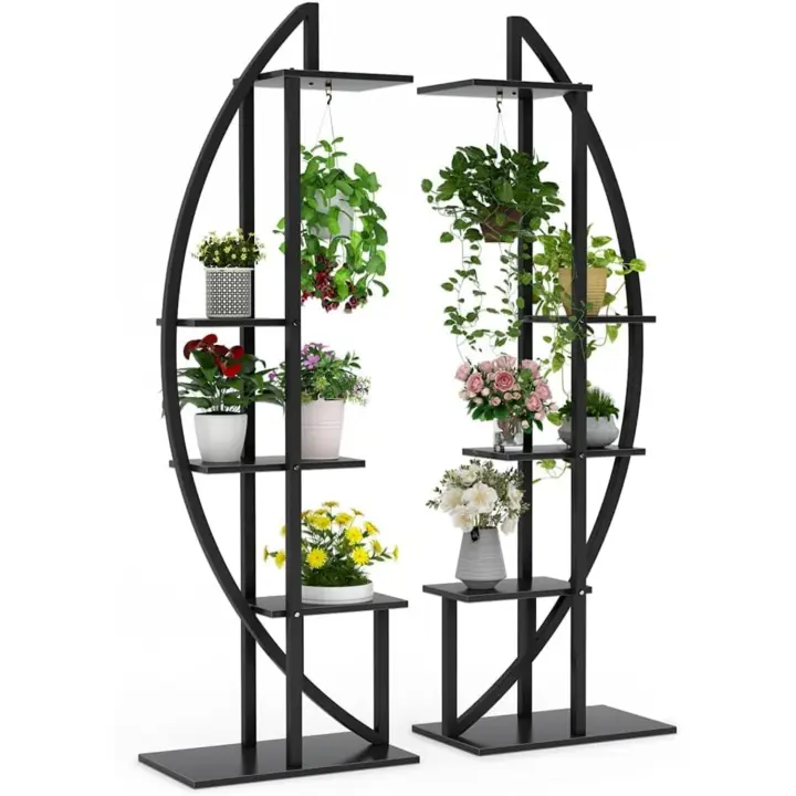 Paquete de 2 soportes para plantas de interior de 5 niveles, estante de exhibición curvo de metal con 2 ganchos para colgar, estante multiusos para macetas de bonsái para interiores - 1