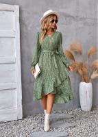 Elegante Vestido Midi de Moda Retro Cuello en V Floral Largo Mango para Mujeres - details 22