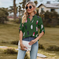 Camisa con estampado de plumas de tres cuartos y manga e para mujer, cuello en V, otoño, nueva - details 15