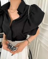 Camisa negra casual para mujer, blusa de manga corta única, estilo palaciego, tops con botones, blusa de verano - details 8