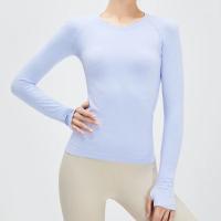 Camiseta deportiva de manga larga para mujer, tejido elástico, transpirable, Color sólido, cuello redondo, Yoga, Top deportivo sin costuras - details 4