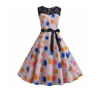Lace patchwork summer women a line elegant vintage party dress with belt - details 95