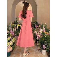 Vestido rosa elegante de verano a la moda con cuello cuadrado y manga abombada, Vestidos femeninos con volantes, vestido de fiesta de cintura alta de Corea, Vestidos para mujer - details 7