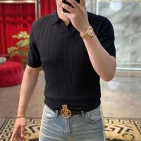 Polo de punto de seda helada para hombre, camiseta jacquard de manga corta, cuello, top fino de alta calidad, verano, nuevo - details 3