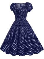 Elegant vintage dot print women summer puff short sleeve v neck casual a-line midi party dress - details 6