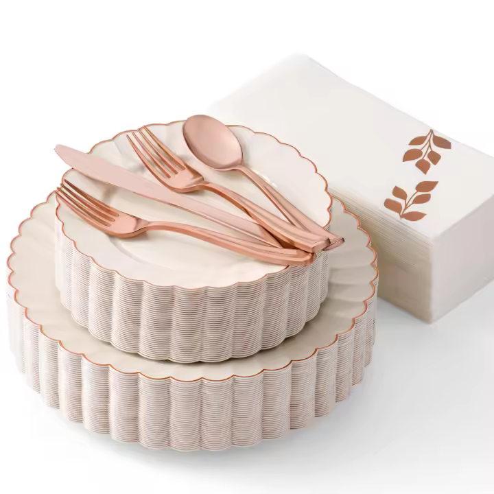 Juego de Vajilla Desechable de Alta Gama 175 Platos de Plástico Ivory con Borde Dorado de Rosa - 1