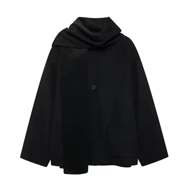 -Chaqueta de invierno para mujer, chaqueta holgada de manga larga con cuello de bufanda negra, botones decorativos de bolsillo, moda urbana - 1