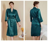 Pijamas de satén para el hogar para mujer, primavera y verano, mangas de nueve cuartos de lujo ligero, camisón largo y fresco, albornoz, ropa de estar, vestido sexy, buen sueño - details 9