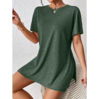 Conjunto de Dos Piezas Cómodo de Color Sólido Manga de Bato, Cuello Redondo, Shorts Ajustados para Mujeres - details 17