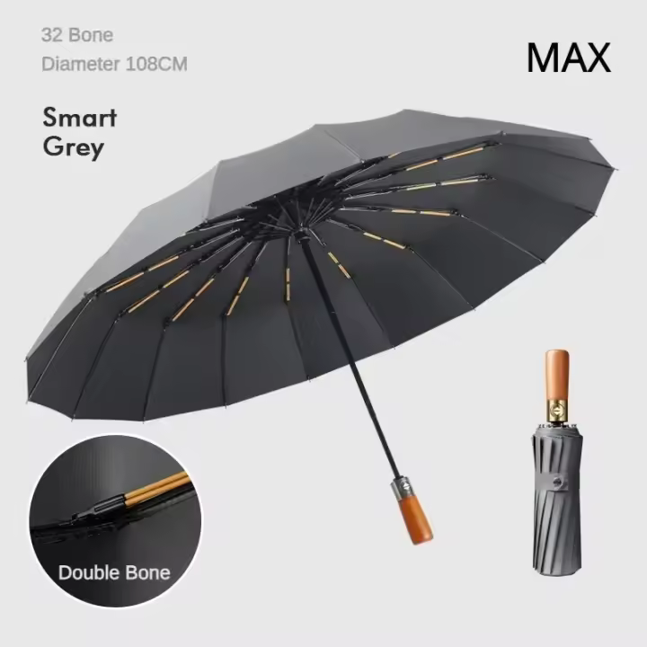 Paraguas plegable totalmente automático para hombres y mujeres, resistente al viento, 32 huesos, mango de madera, sombrillas impermeables para lluvia - 1