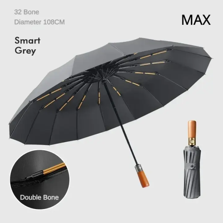 Paraguas Plegable Automático para Negocios A prueba de viento, 32 huesos, Mango de Madera, Impermeable, Protección Solar - 1