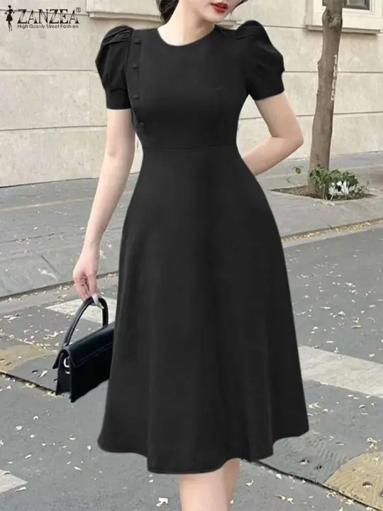 Vestido de vacaciones liso elegante con manga corta abombada para fiesta de verano a la moda para mujer - 1