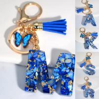 Llavero de Alfabeto de Piedra Pulida Azul Colgante de Borla de Mariposa 26 Iniciales - details 0