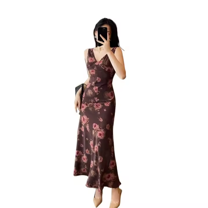 Vestido floral francés para mujer, nuevo diseño de verano, temperamento sin mangas, cintura alta adelgazante, falda larga de cola de pez - 1