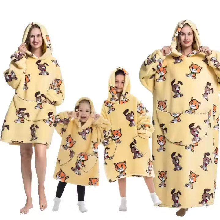 Manta de gran tamaño con capucha para adultos, conjunto de ropa de invierno de lana para la familia, dinosaurio, tiburón, Tigre, gris y rosa - 1