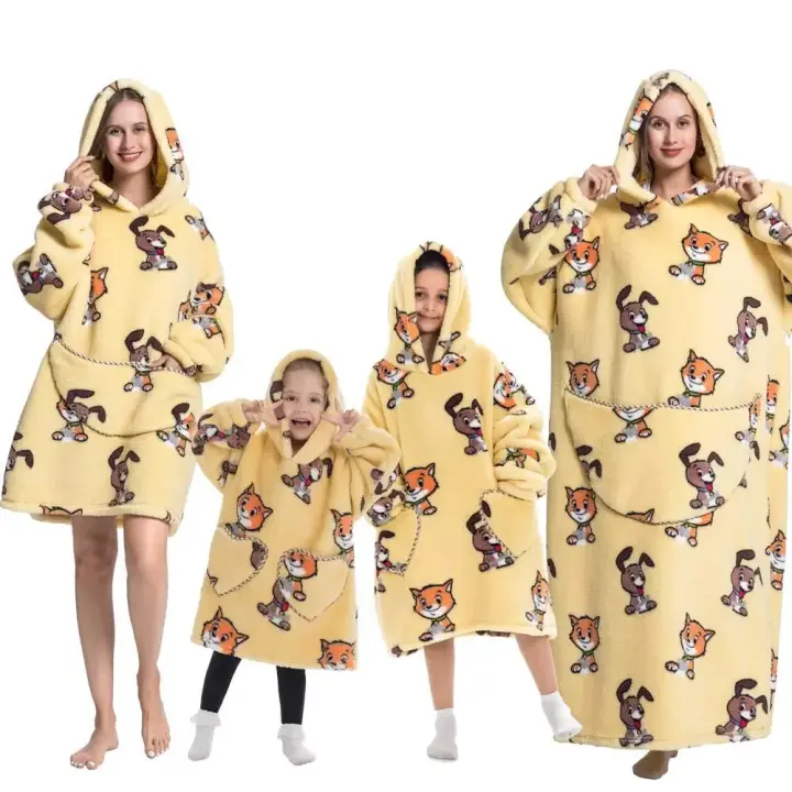 Manta de gran tamaño con capucha para adultos, conjunto de ropa de invierno de lana para la familia, dinosaurio, tiburón, Tigre, gris y rosa - 1