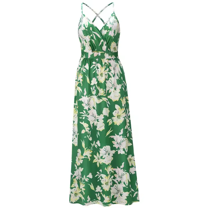 Vestidos largos con cuello en V para mujer, sin mangas, cintura alta, playa, Maxi, estampado verde S - 1
