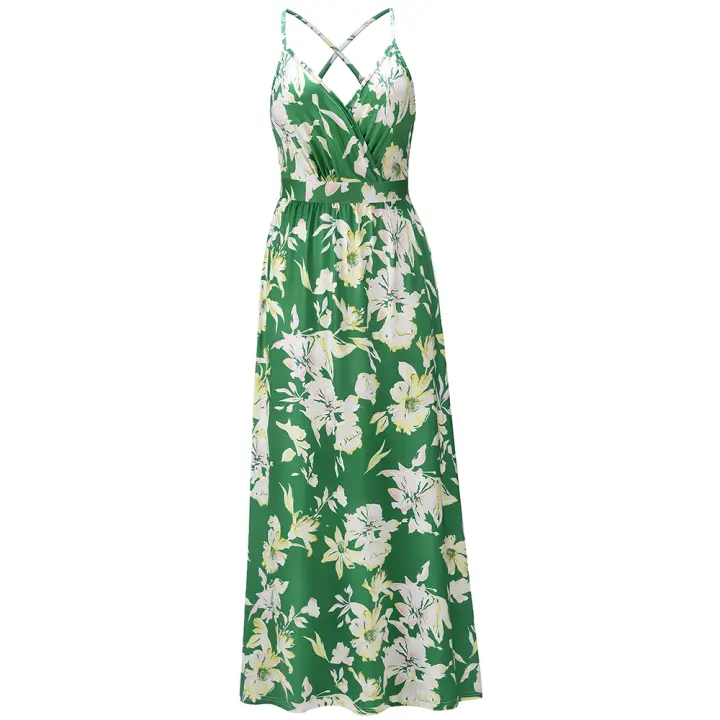 Vestidos largos con cuello en V para mujer, sin mangas, cintura alta, playa, Maxi, estampado verde S - 1