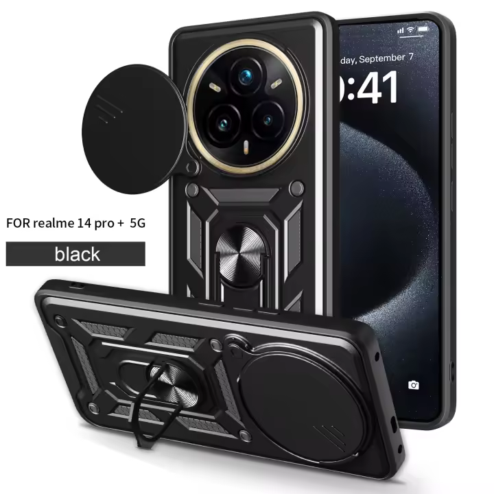 Teléfono para Realme 14 Pro Plus 5G con cubierta de lente deslizante, funda con soporte a prueba de golpes - 1