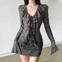 Nuevos tops para mujeres, top de encaje elegante con lazo y volantes en gasa blanca de ensueño - details 13