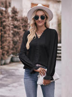 Blusa de gasa de retazos de encaje para mujer, camisa elegante informal de manga larga con cuello en V, trabajo de oficina, moda - details 18