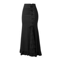 Falda larga de cintura alta para mujer, falda de medio cuerpo, dobladillo con volantes irregulares, elegante, Vintage, color sólido - details 5