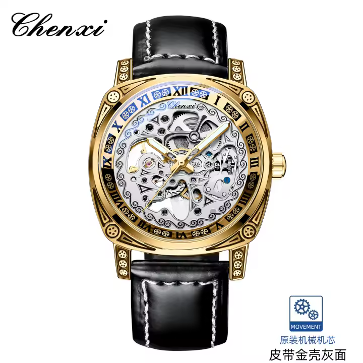 Reloj vintage tallado reloj mecánico hombre cuero genuino resistente al agua reloj calado - 1