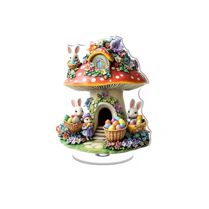 Exhibición acrílica giratoria que presenta una vibrante casa de setas con conejitos y huevos de Pascua rodeados de flores, que incorpora una alegre celebración y un ambiente festivo. - 1