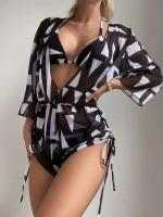 Traje de baño de tres piezas con estampado, traje de baño Sexy con cuello en V profundo, mono con cordón, conjunto de Bikini - details 5