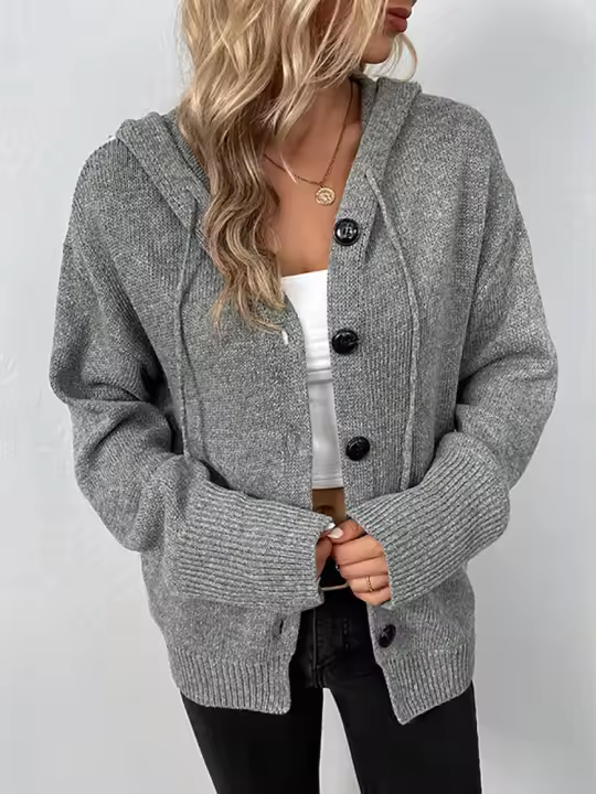 Suéter de manga larga con cuello en V y capucha para mujer, chaqueta de punto de encaje liso, otoño e invierno, nuevo - 1