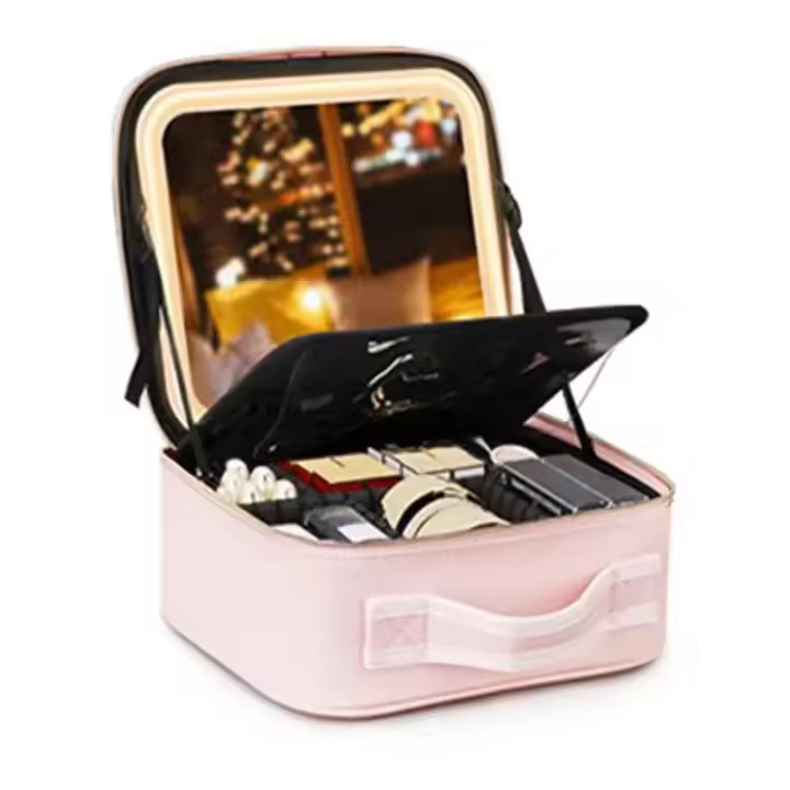 Bolsa de maquillaje LED inteligente con espejo y compartimentos para mujer, estuche de cosméticos de viaje de cuero PU resistente al agua, novedad - 1